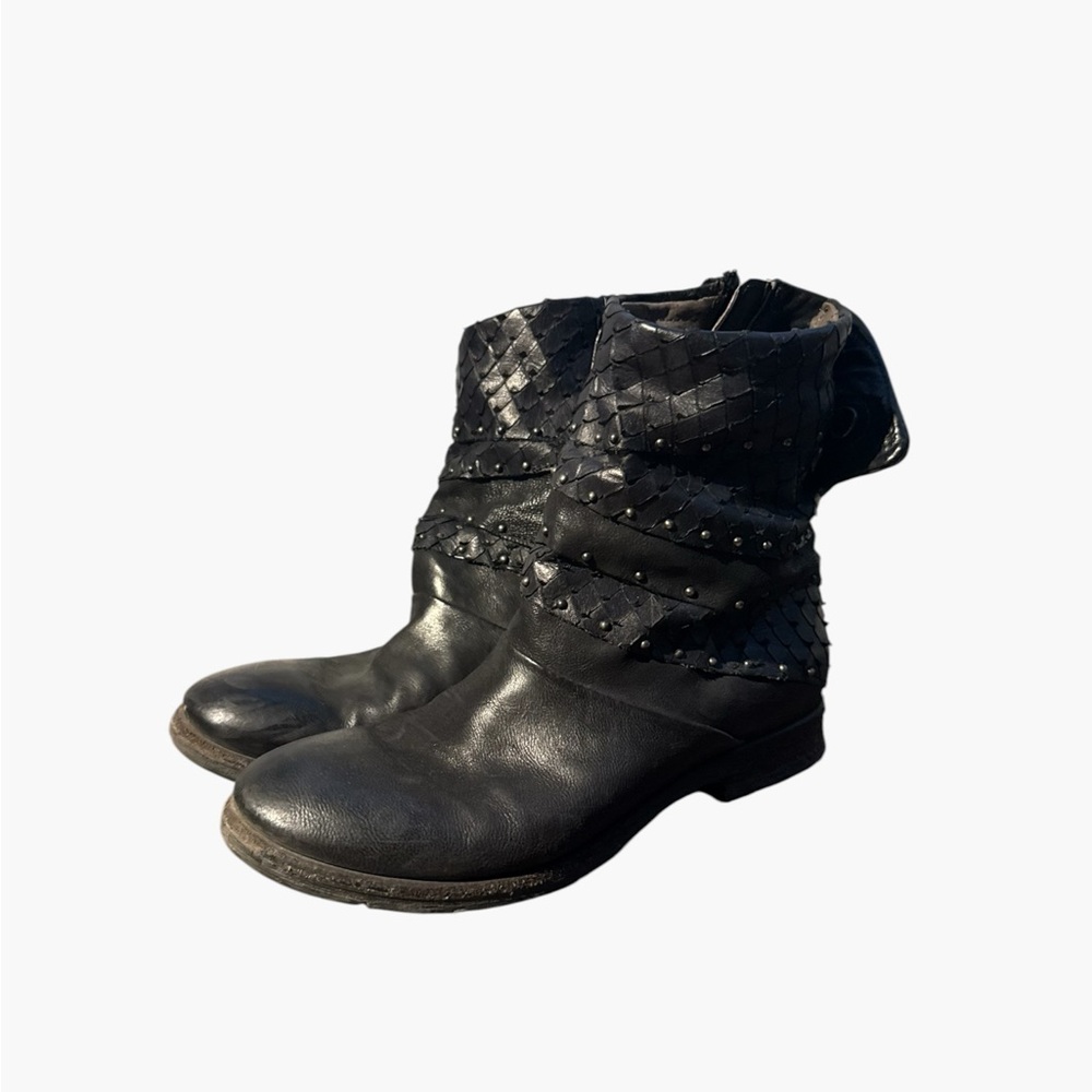 A.S.98 Black Leather Studded Slouch Boots